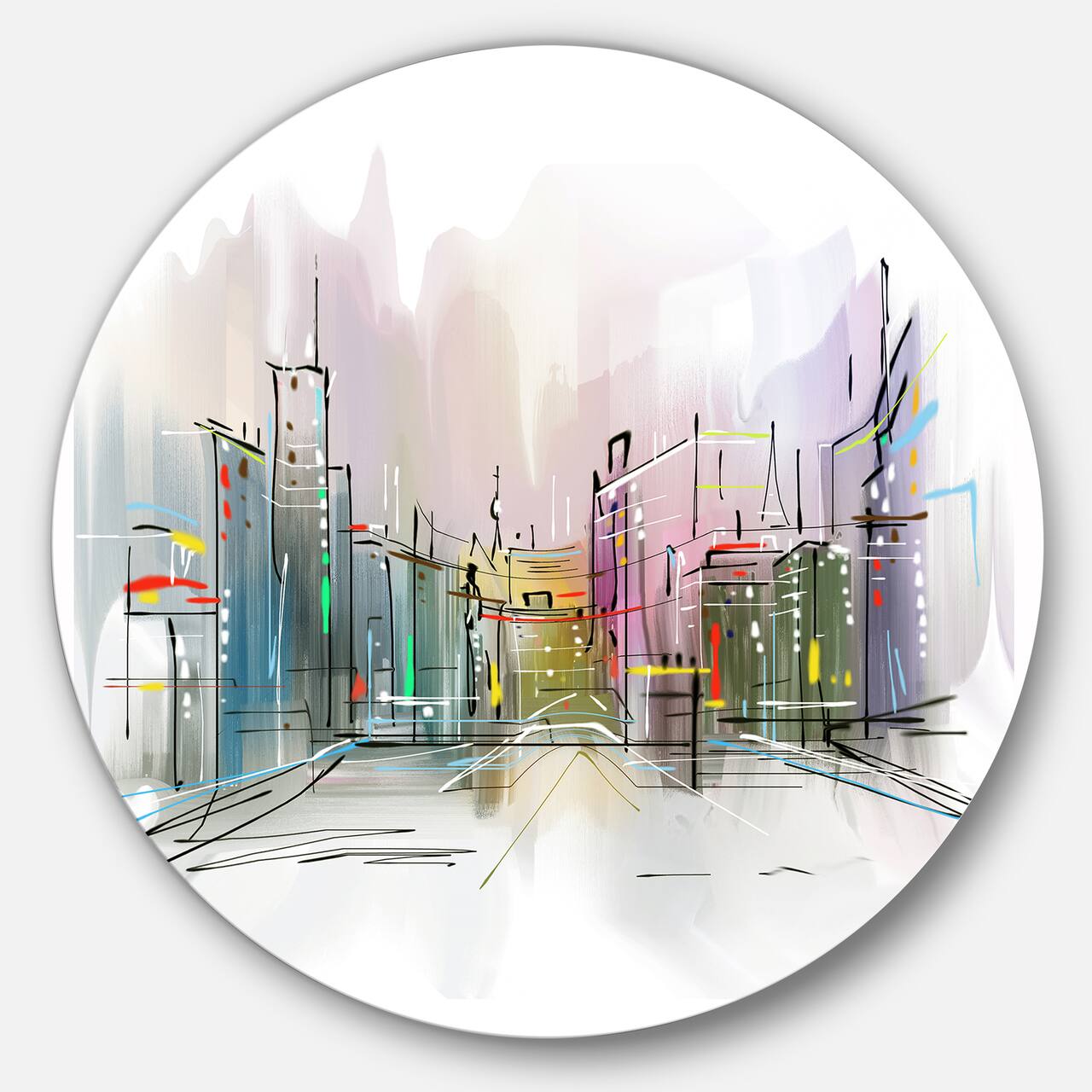 Designart - City in a Distance Illustration' Disc Cityscape Circle Metal Wall Art